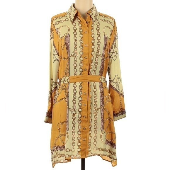 BCBGMaxAzria Dresses & Skirts - BCBGMaxAzria Crazy Chains Mustard Yellow Shirt Dress Long Sleeve Size L